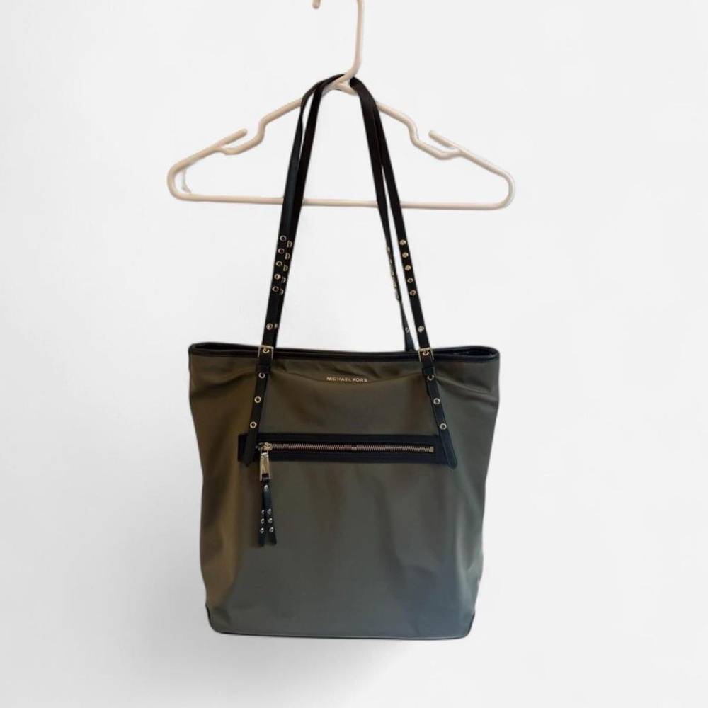 Genuine Michael Kors Olive Green and Black Nylon Tote Bag with Studded Details